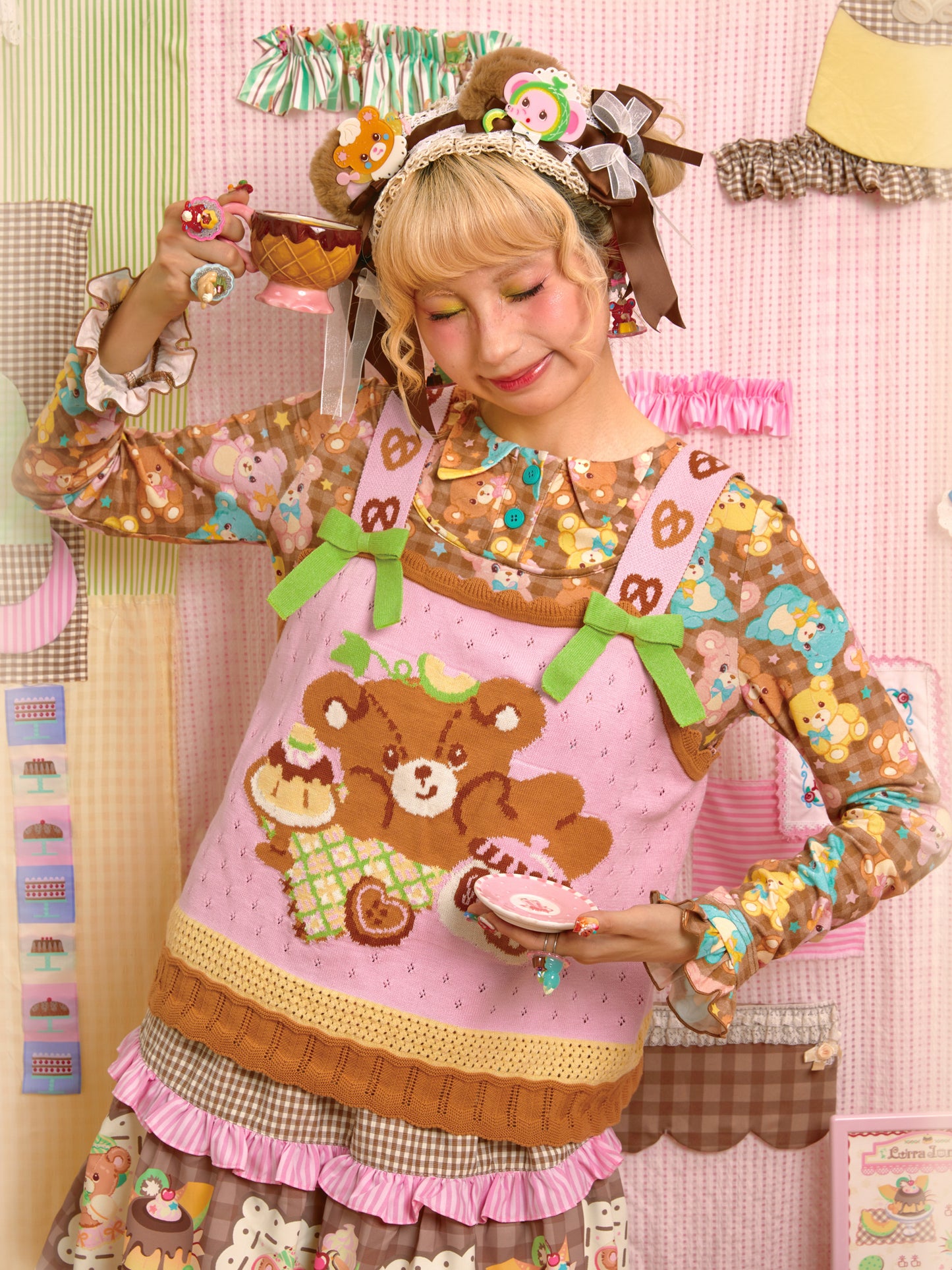 Lutra Jump - Decora Kei Pink Bear Tea Knit Tank Top tank top Lutra Jump