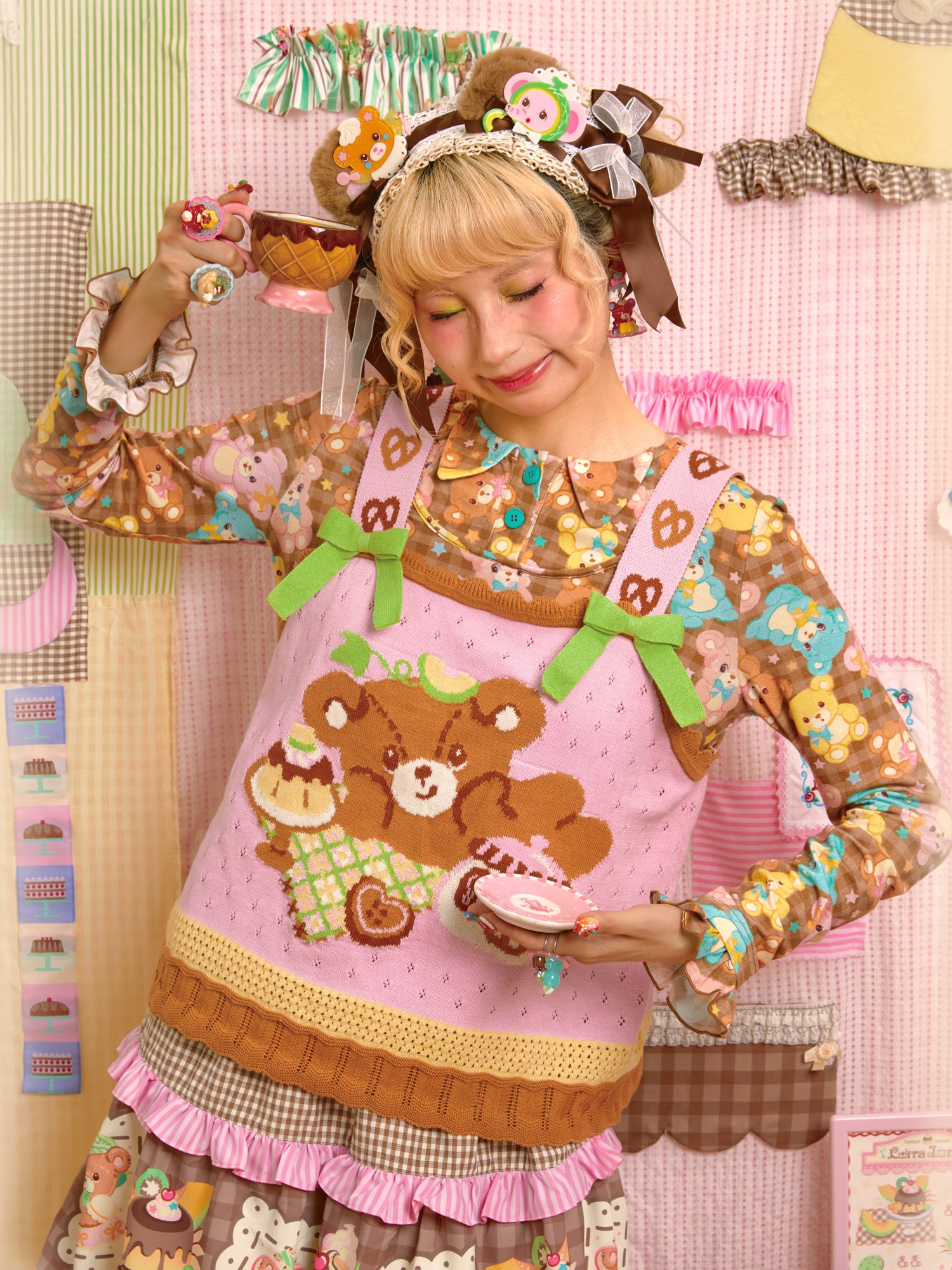 Lutra Jump - Decora Kei Pink Bear Tea Knit Tank Top tank top Lutra Jump