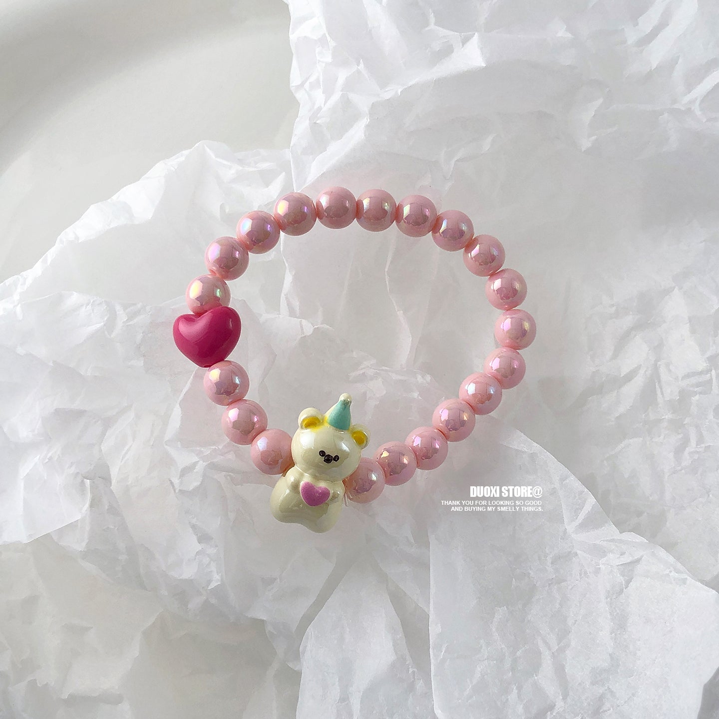 DuoXi - Pink Bear Heart Bead Bracelet bracelet DuoXi