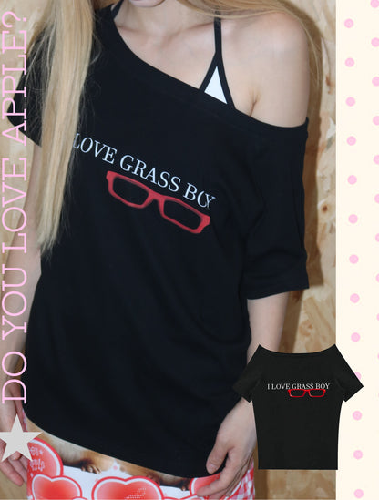 Oogreenapple - Love Glasses Boy One Shoulder Graphic T-Shirt tshirt Oogreenapple