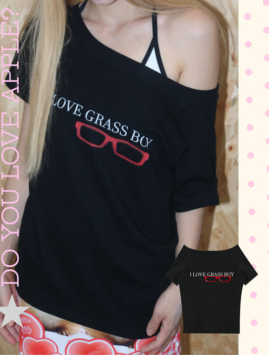 Oogreenapple - Love Glasses Boy One Shoulder Graphic T-Shirt tshirt Oogreenapple