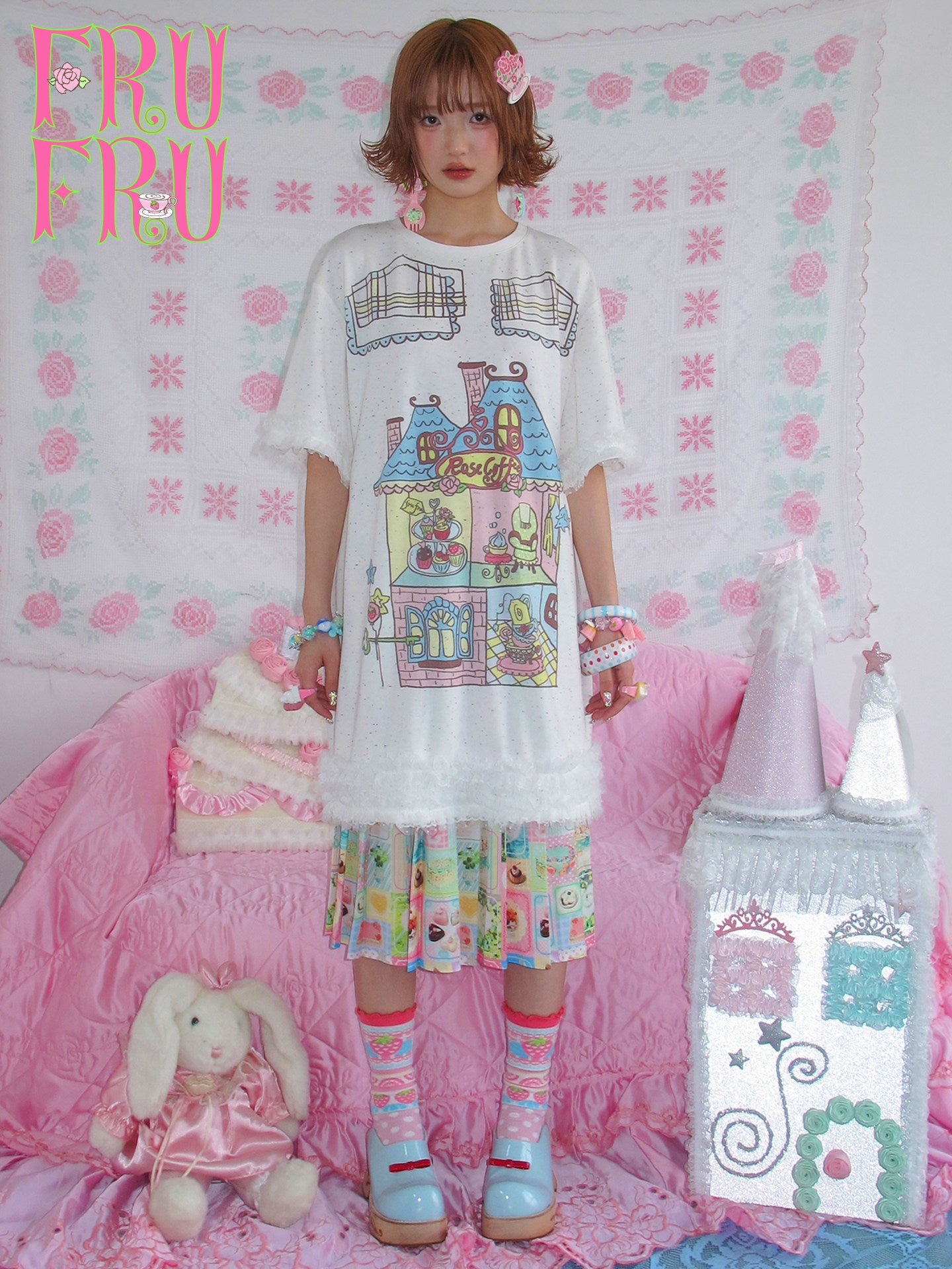 frufru - Rose Cafe Print Oversized T-Shirt Dress dress frufru