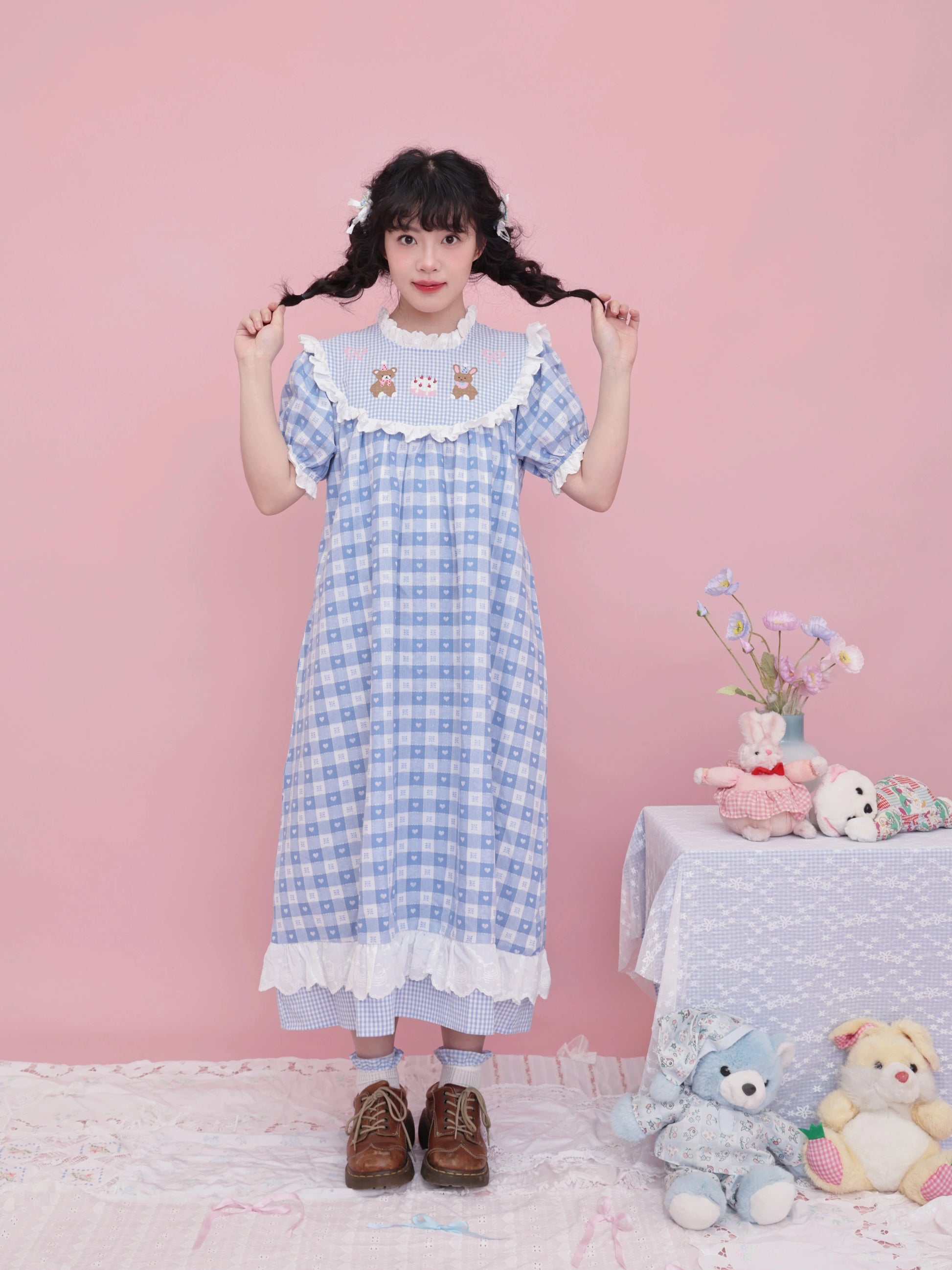 SemenCoicis Vintage Puff Sleeve Dress | Kawaii Embroidered Jacquard Check Dress dress SemenCoicis