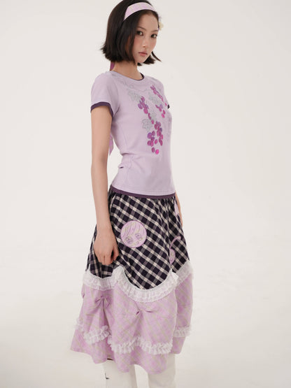 RabbitRain - Purple Plaid Pudding Cake Embroidered Skirt skirt RabbitRain