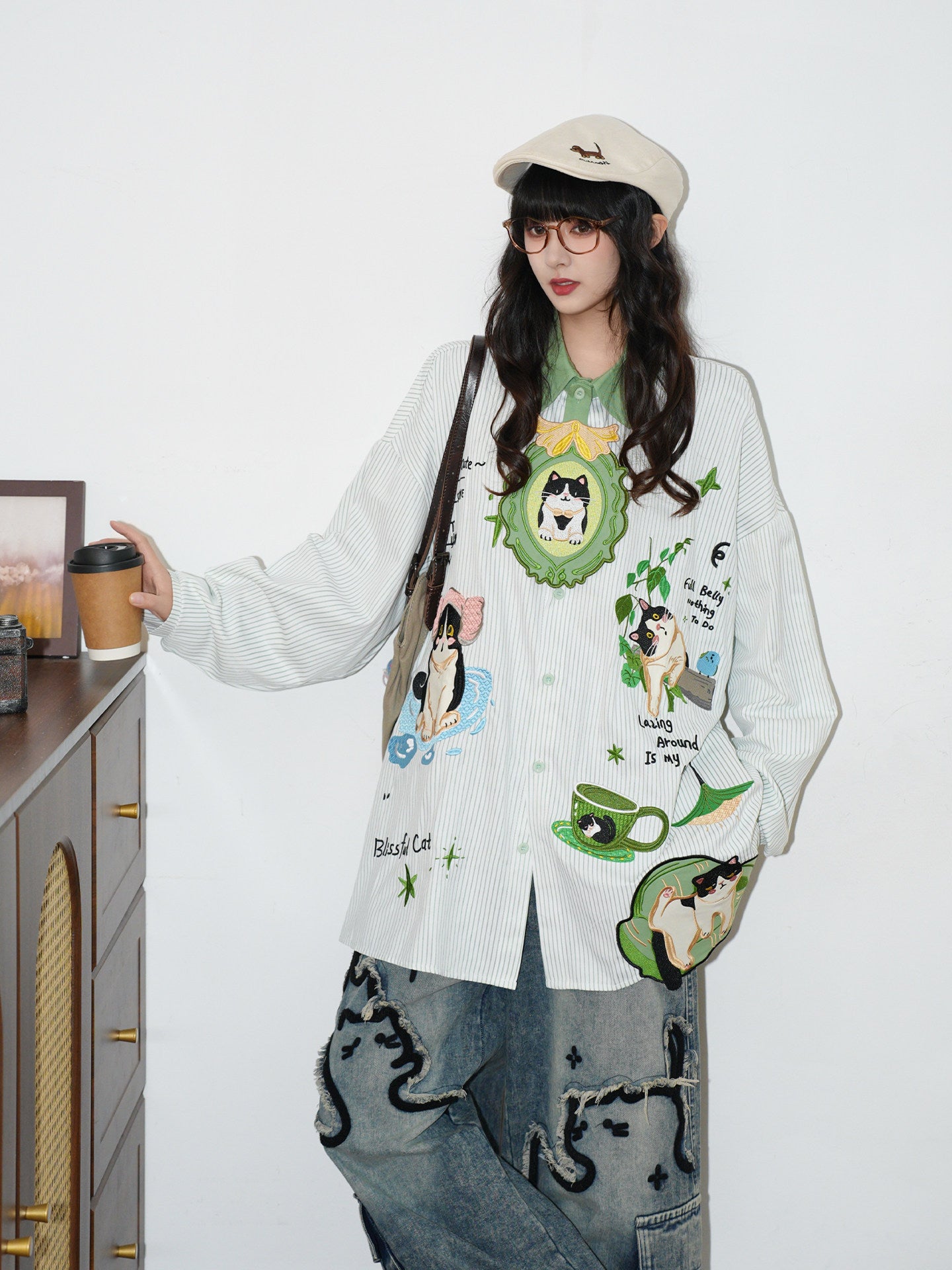 Cartoon Cat Tie Embroidered Striped Shirt shirt soldout