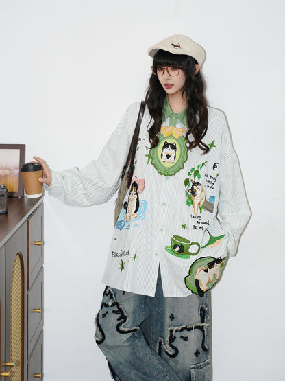Cartoon Cat Tie Embroidered Striped Shirt shirt soldout
