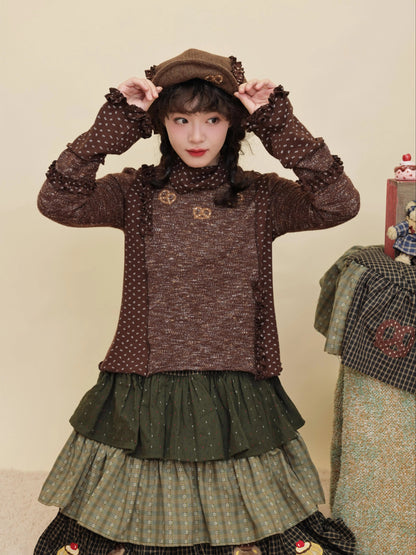 SemenCoicis - Kawaii Colorblock Floral Embroidered Brown Lace Top shirt SemenCoicis