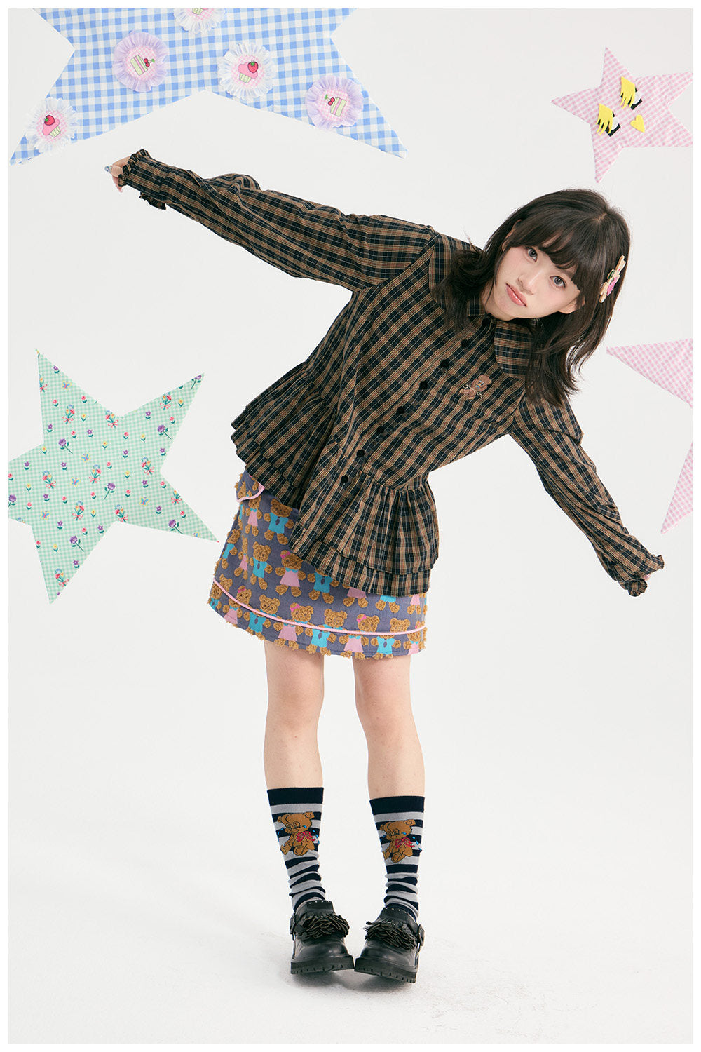 tntntutu - Brown Plaid Embroidered Peter Pan Collar Shirt shirt tntntutu