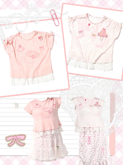 shishihshop – Retro Showa Drawstring Tee with Lace & Original Print tshirt shishihshop