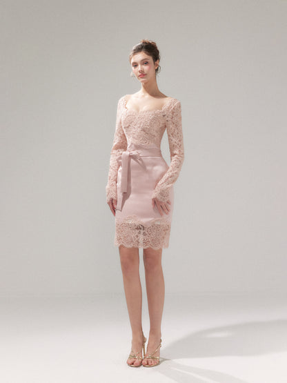 YZZI HE - “Tulip Pink Mist” Satin Lace Bodycon Dress dress YZZI HE