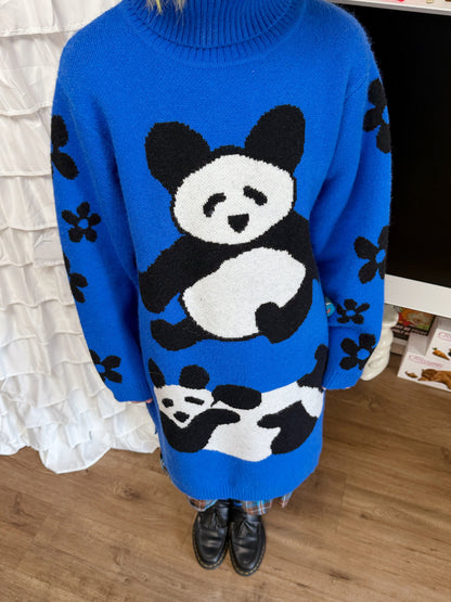 bunnybunnygun - Retro Panda Turtleneck Long Blue Sweater sweater bunnybunnygun