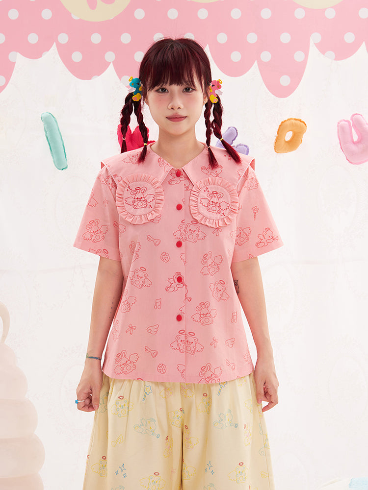 NIKKOU Pink Bunny Embroidered Shirt | Harajuku Bunny Collar Blouse blouse Nikkou home