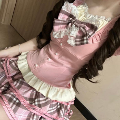 Blurred Bear - Lace Top Plaid Skirt Set set Blurred Bear