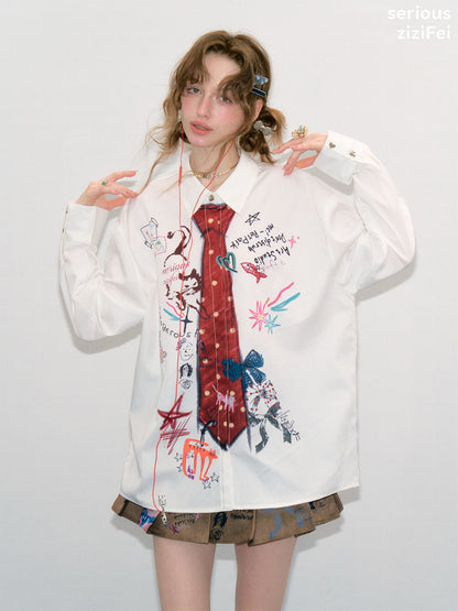 ziziFei - White Graffiti Tie Print Oversized Shirt shirt ziziFei
