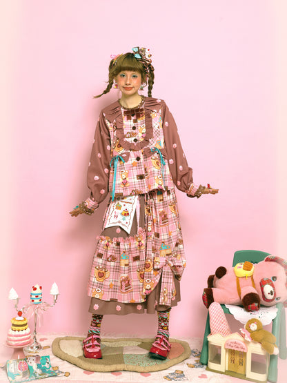 LutraJump - Kawaii Plaid Embroidered Bow Elastic Waist Skirt