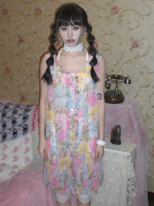 HIBABAO 原创自制印染花朵透视叠穿连衣裙 dress HIBABAO