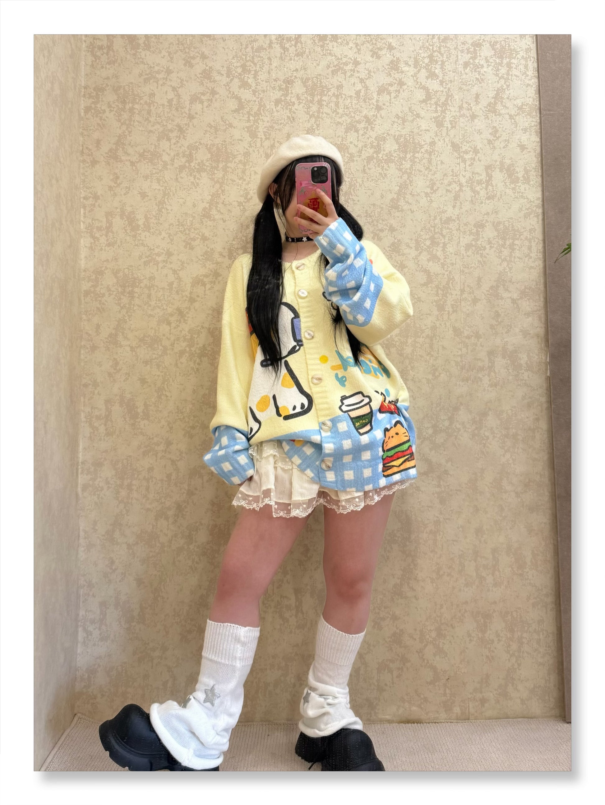 BIBULU - Kidcore Cat Print Cream Cardigan cardigan BIBULU S