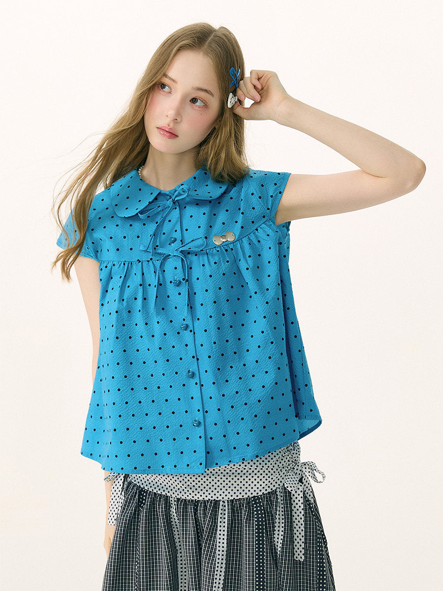 ziziFei - Blue Polka Dot Bow Doll Collar Shirt blouse ziziFei