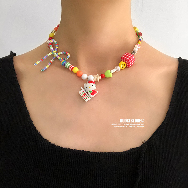 DuoXi - Kawaii Necklace HelloKitty Bow Beaded Choker necklace DuoXi