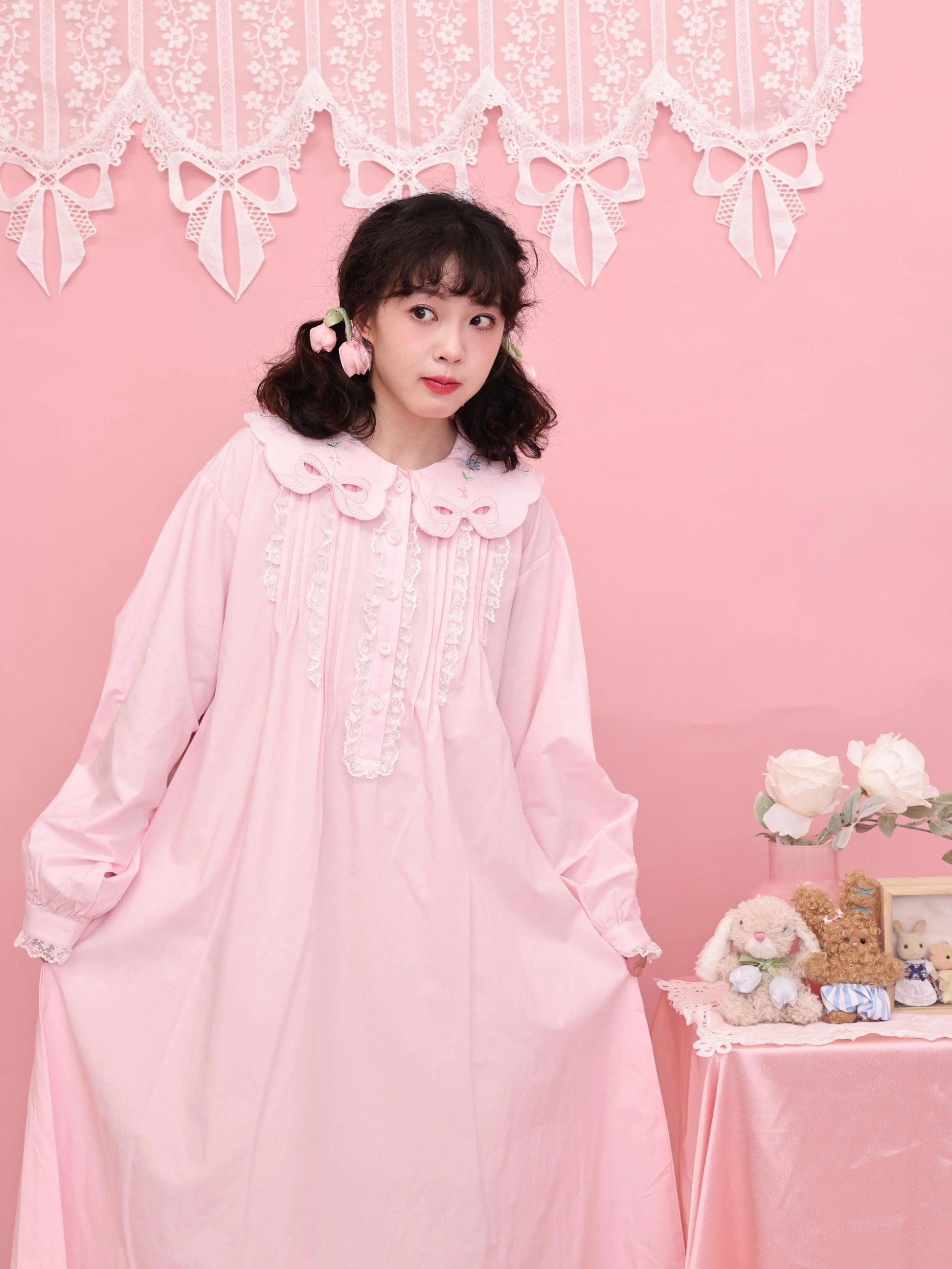 SemenCoicis - Kawaii Embroidered Dress - Pink Cotton Lace Trim dress SemenCoicis