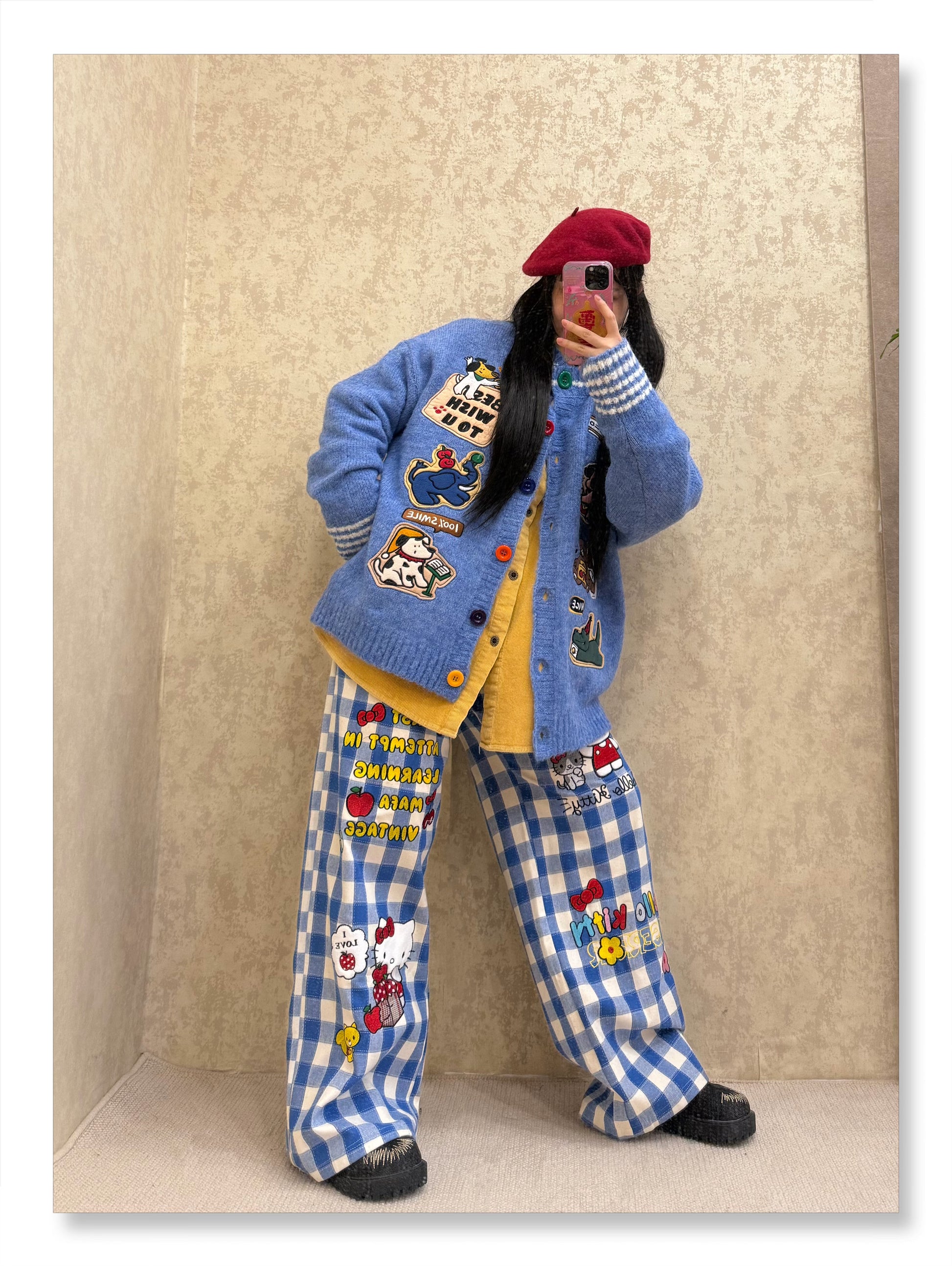 BIBULU - Kidcore Cartoon Embroidered Plaid Pants pants BIBULU