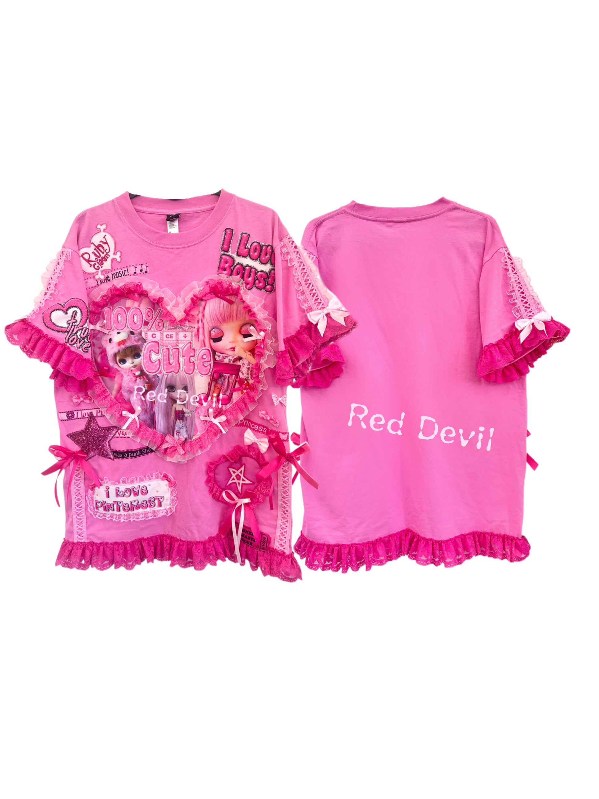 RedDevil Kawaii Puff Short Sleeve Top | Harajuku Decora Lace Heart Tee tshirt Red Devil