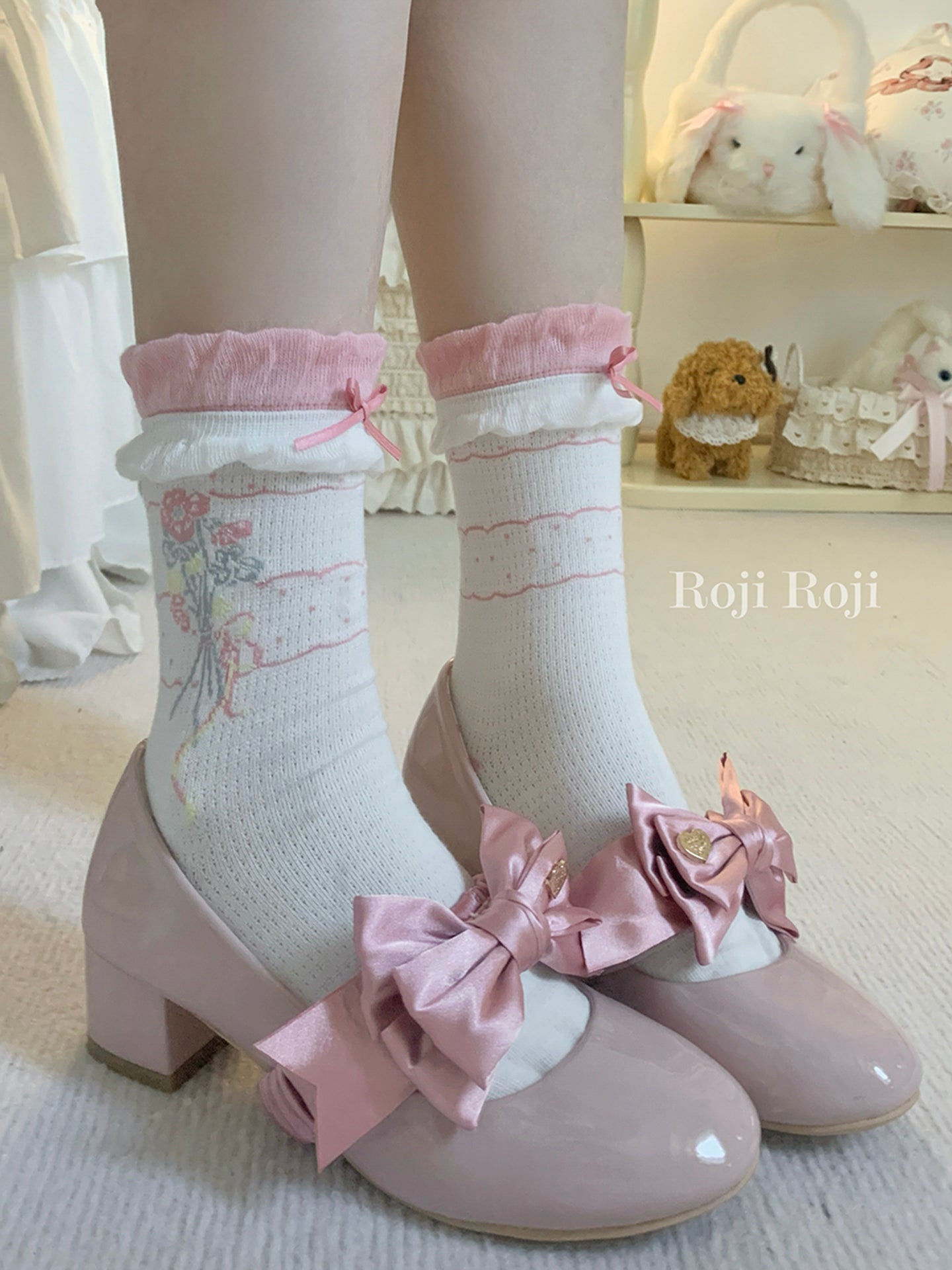 Roji Roji - Kawaii Floral Lace Bow Short Socks Breathable Cotton sock Roji Roji Pink