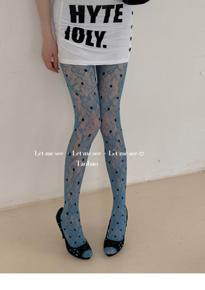 LET ME SEE - Polka Dot Lace Sheer Tights tights let me see Blue