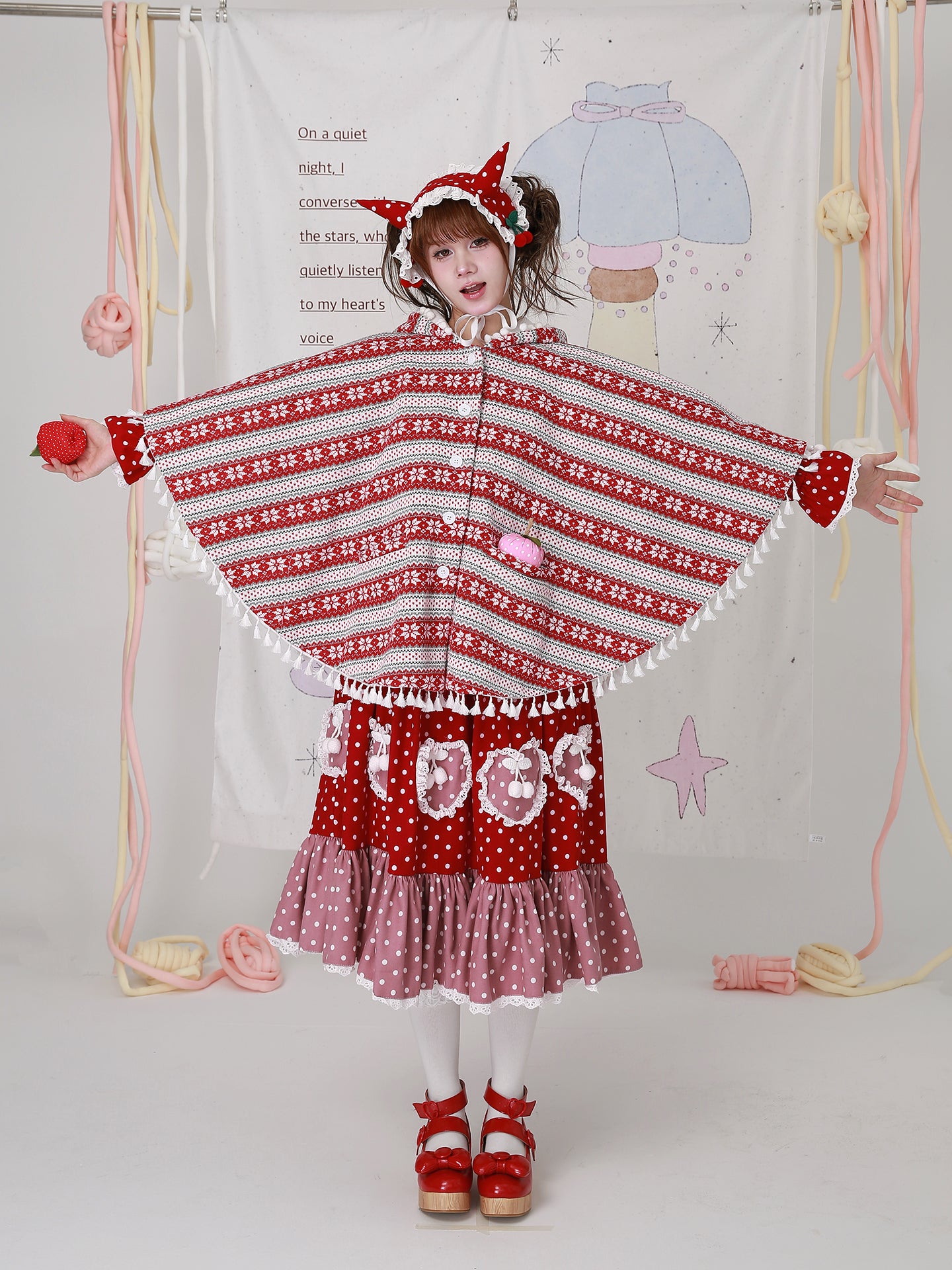 SOS MEME CLUB - Kawaii Red Christmas Cape Vintage Showa Lolita Knit Shawl Coat cape SOS MEME CLUB