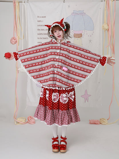 SOS MEME CLUB - Kawaii Red Christmas Cape Vintage Showa Lolita Knit Shawl Coat cape SOS MEME CLUB