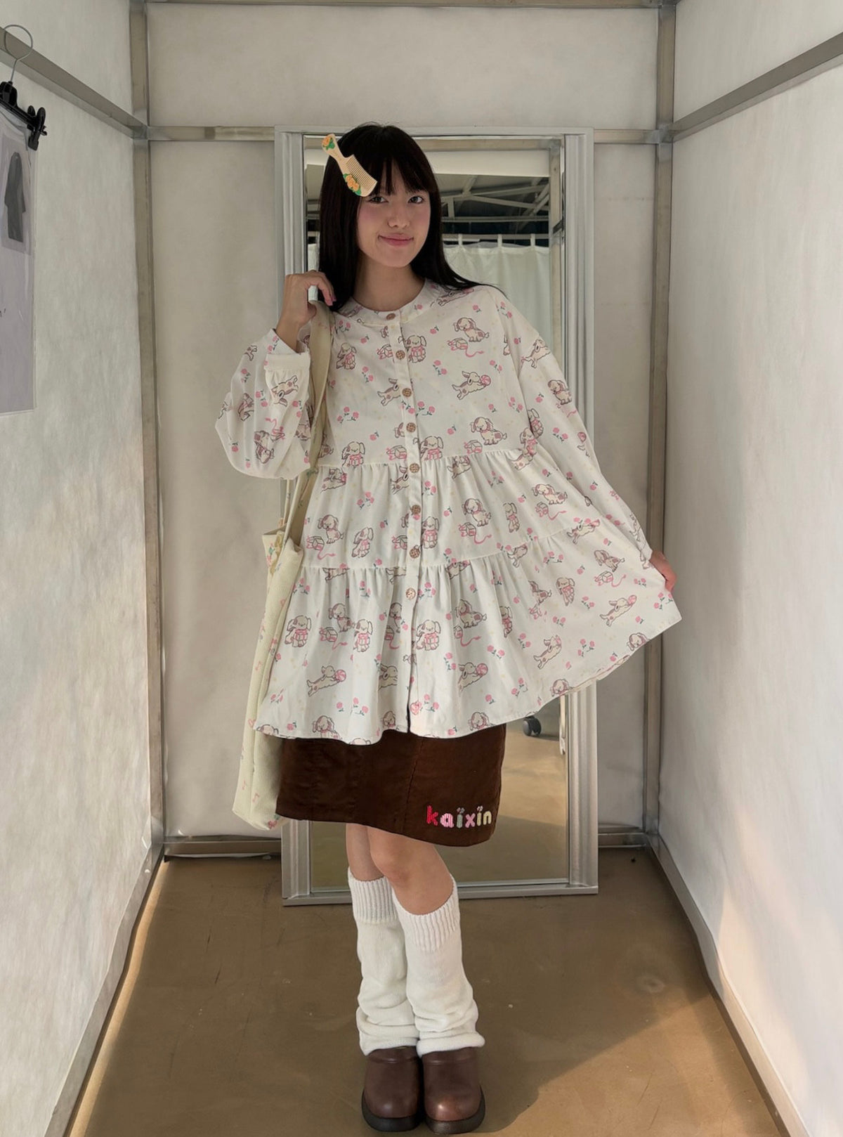 开心招待所秋冬新款原创小狗印花灯芯绒宽松长袖衬衫上衣 shirt KaiXin hostel