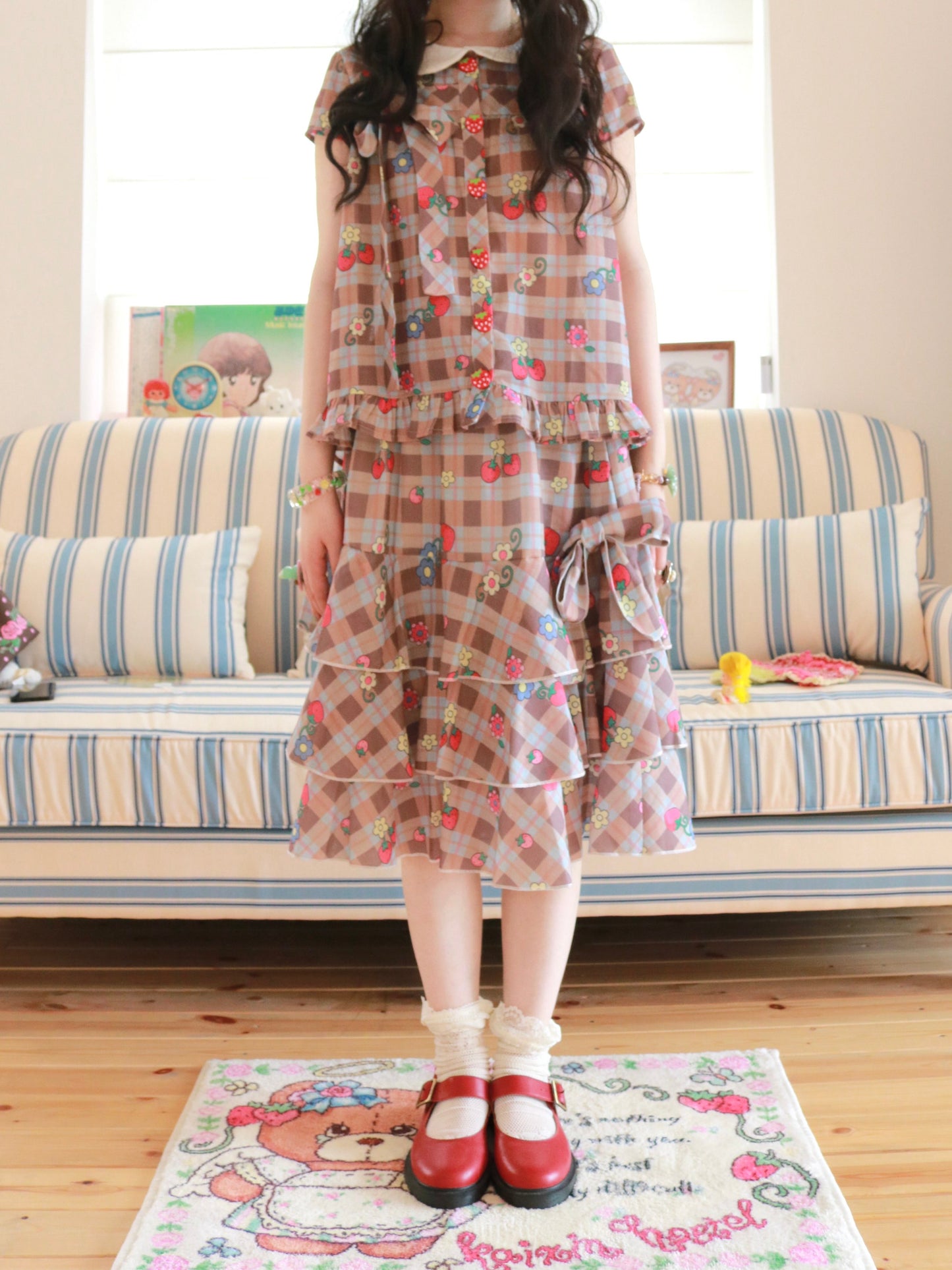 KaiXin Hostel - Strawberry Plaid Bow Shirt Set set KaiXin hostel Top S