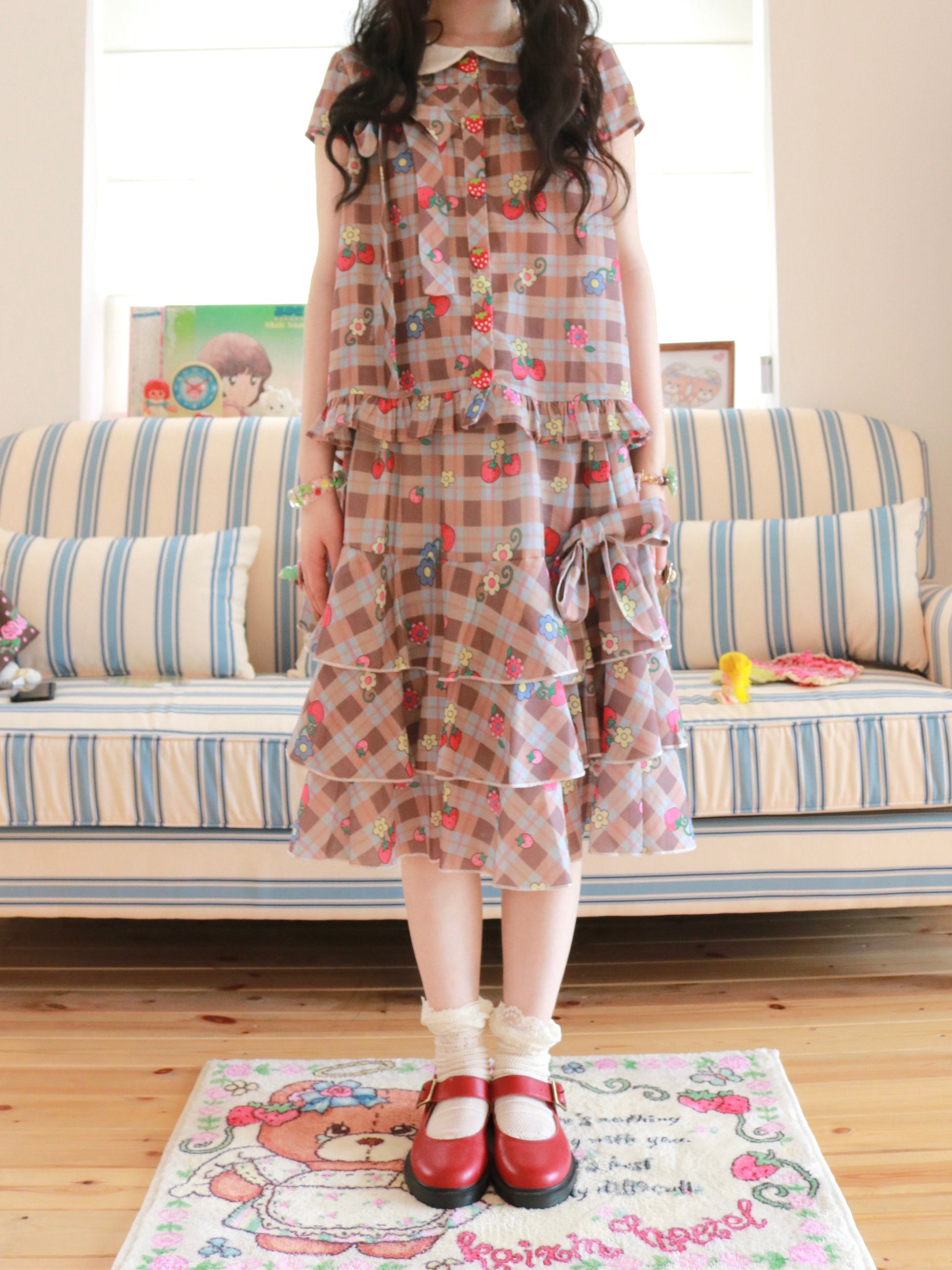 KaiXin Hostel - Strawberry Plaid Bow Shirt Set set KaiXin hostel Top S