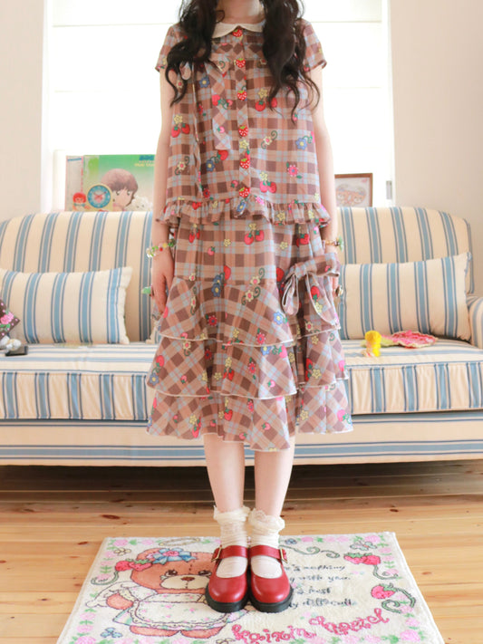 KaiXin Hostel - Strawberry Plaid Bow Shirt Set set KaiXin hostel Top S