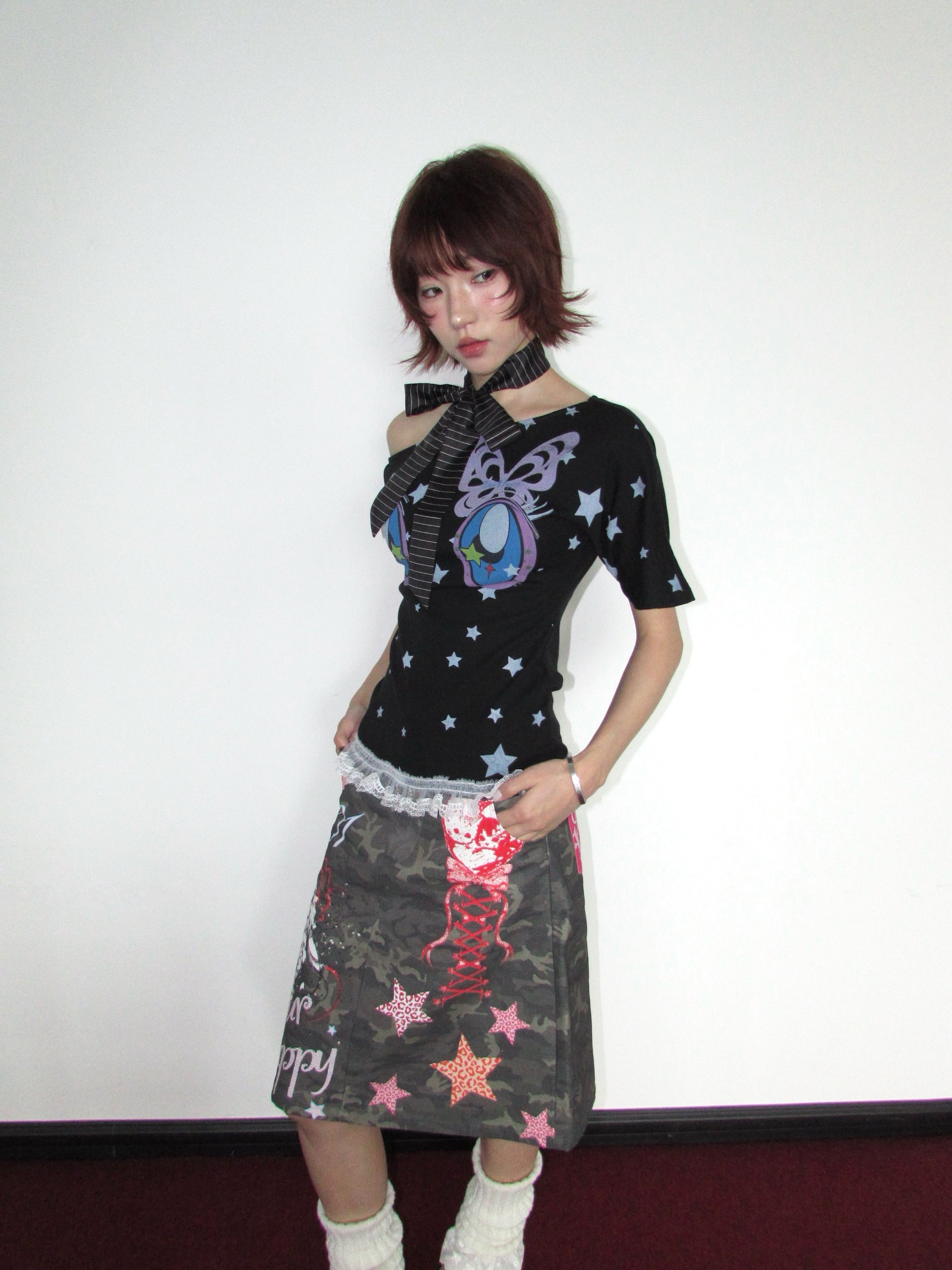 OurHappy - Y2K Graffiti Camo A-Line Midi Skirt skirt Our Happy