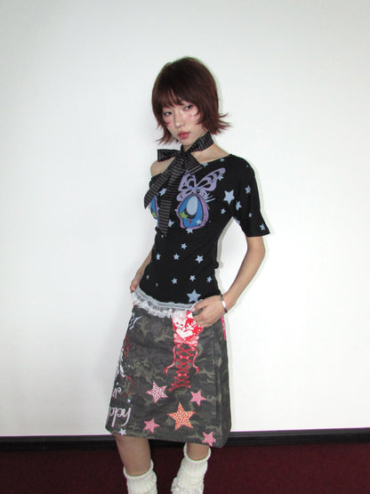 OurHappy - Y2K Graffiti Camo A-Line Midi Skirt skirt Our Happy