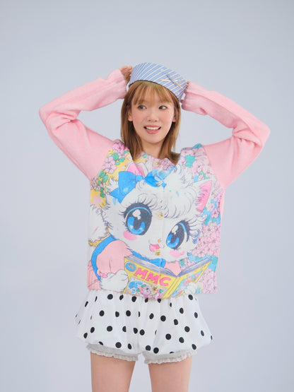 MeowMeow Bug - Kawaii Reading Cat Knit Cardigan