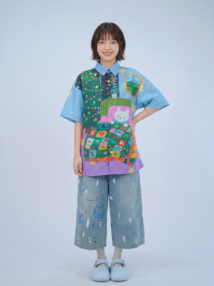 MeowMeow Bug - Blue Cat Print Shirt shirt MeowMeow Bug