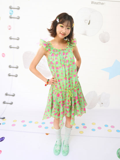 FRUITS Strawberry Dress | Illustration Asymmetric Hem Dress | Flutter Sleeve Dress dress Fruits