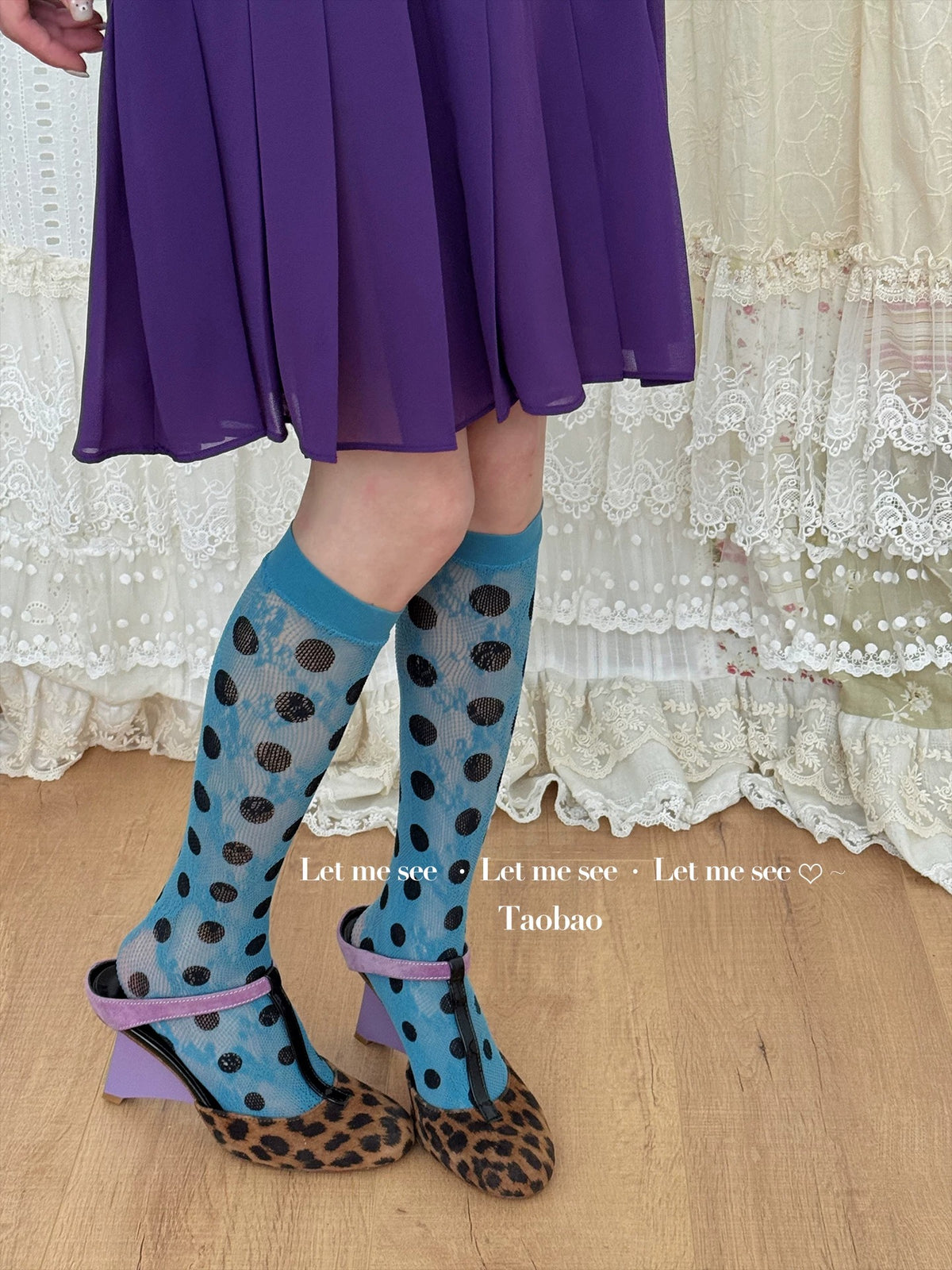LET ME SEE - Blue Polka Dot & Mesh Knee-High Socks socks let me see