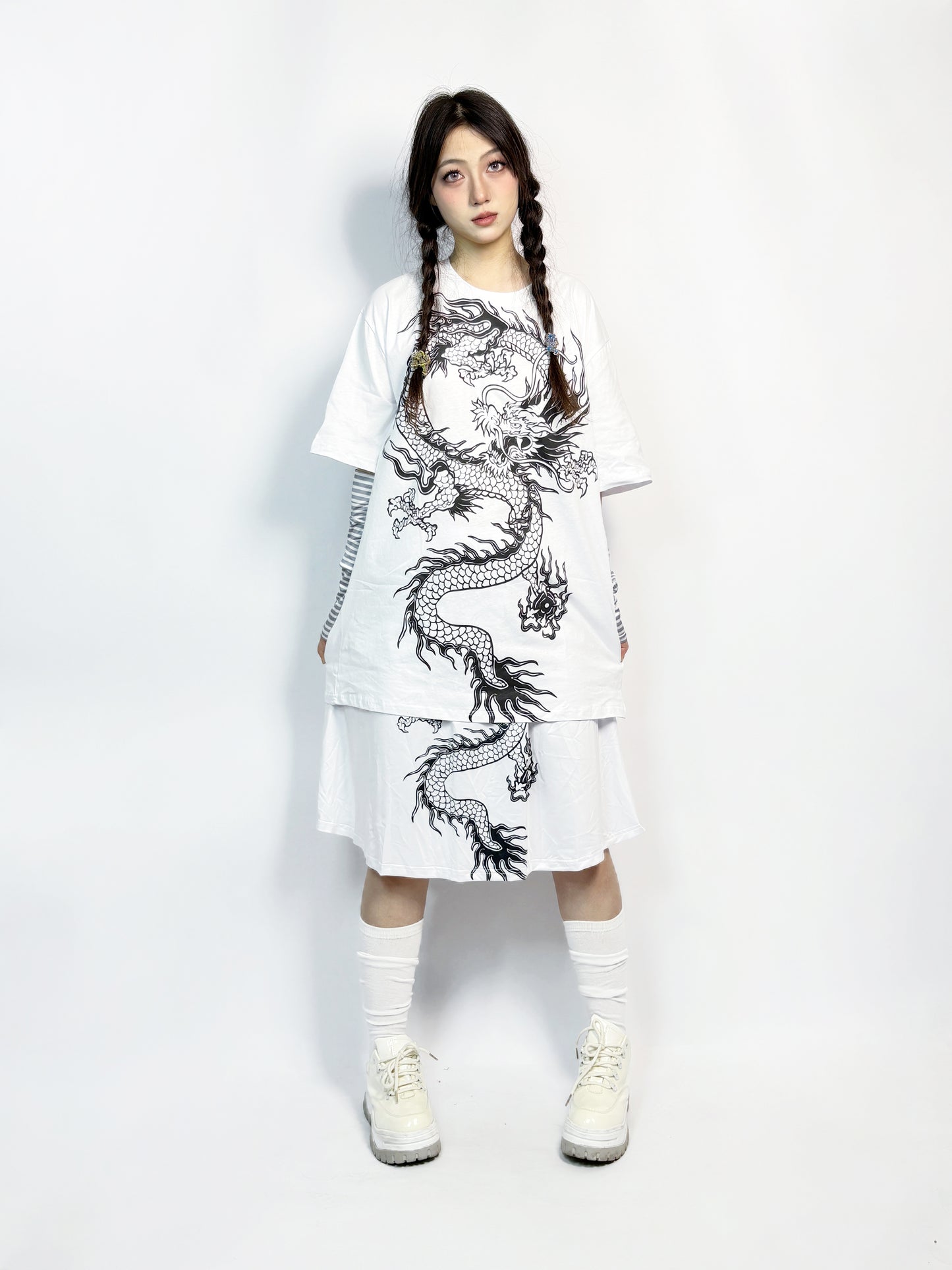 LEERROO - Chinese Style Dragon Print T-Shirt & Skirt Set set Leerroo
