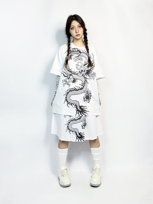 LEERROO - Chinese Style Dragon Print T-Shirt & Skirt Set set Leerroo