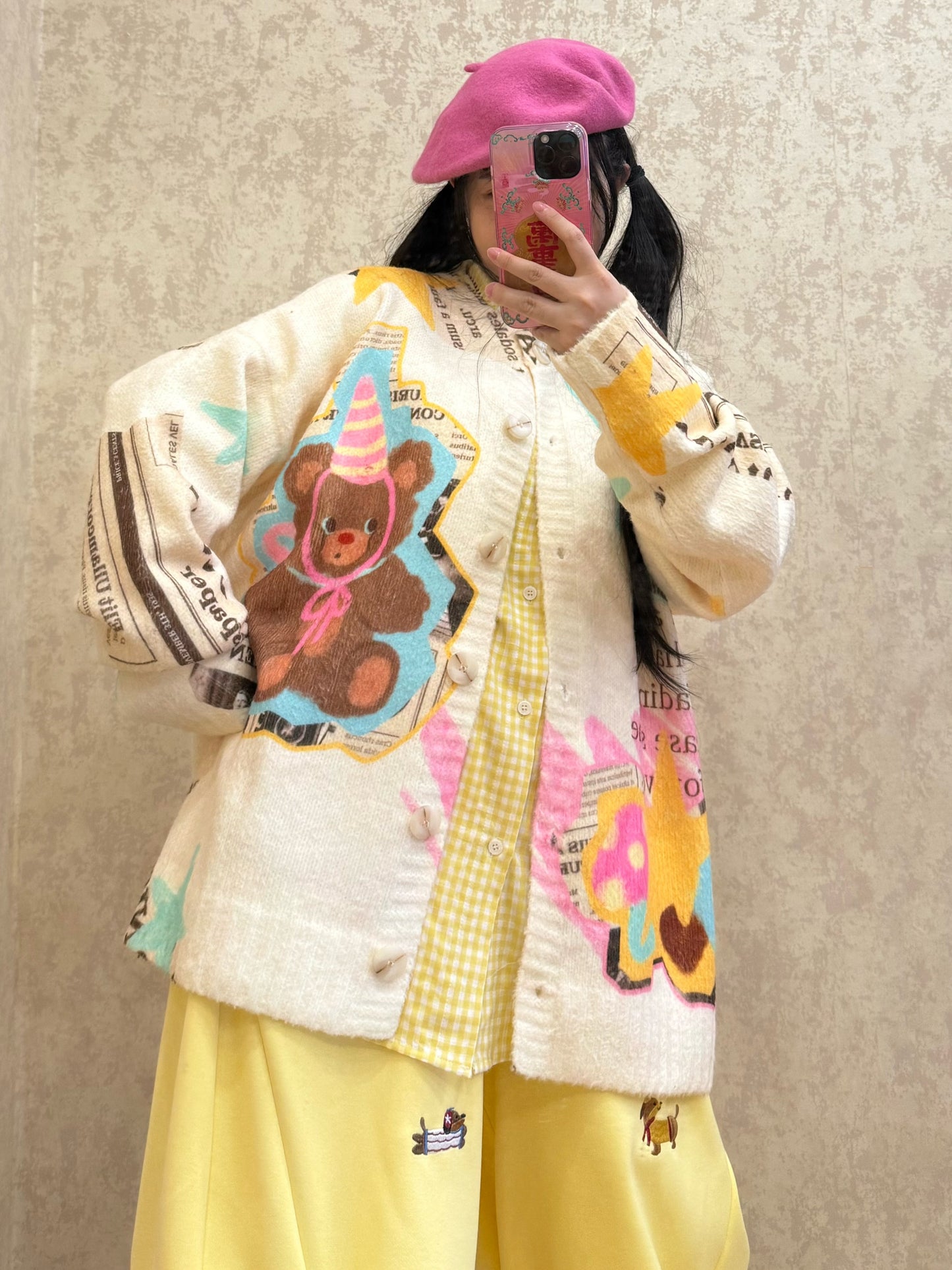 BIBULU - Kidcore Yellow Bear Print Vintage Sweater cardigan BIBULU S