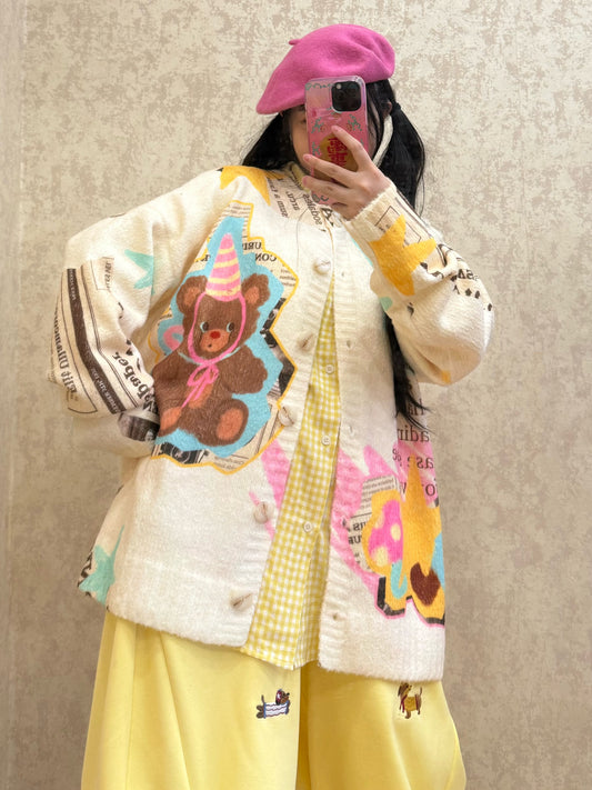 BIBULU - Kidcore Yellow Bear Print Vintage Sweater cardigan BIBULU S