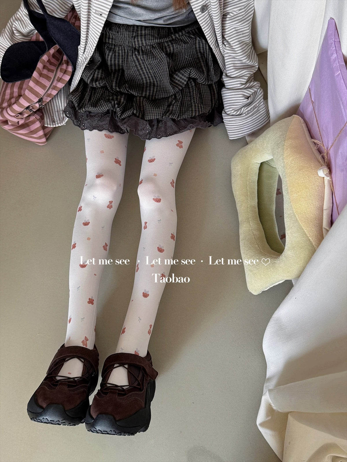 LET ME SEE - Cartoon Bear Print White Tights tights let me see