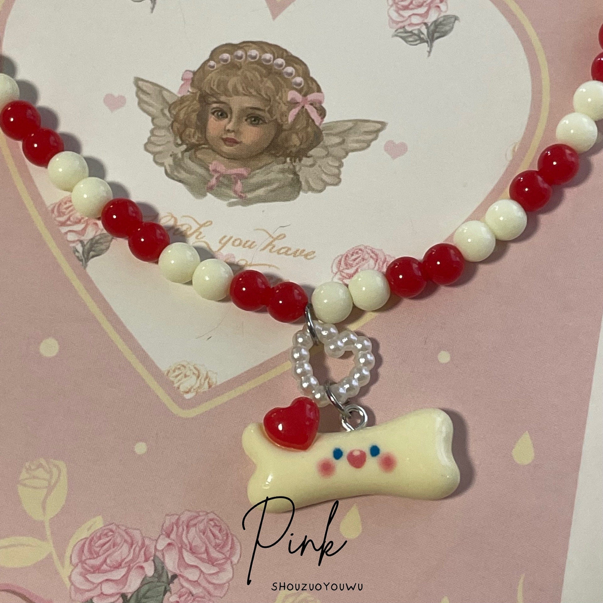 Puppy Bone Beaded Heart Necklace necklace pink