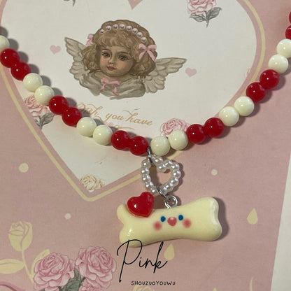 Puppy Bone Beaded Heart Necklace necklace pink