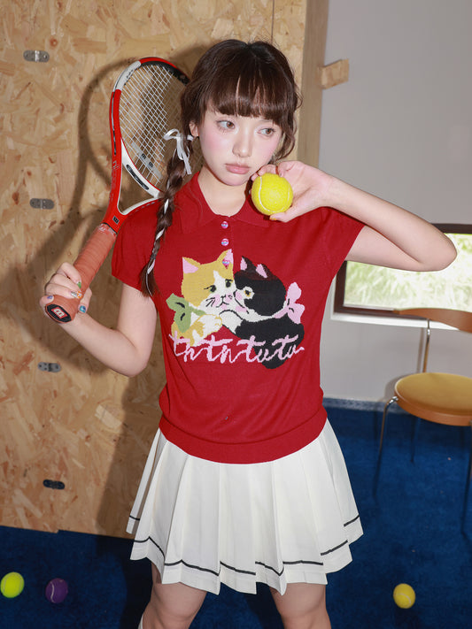 Tntntutu - Kawaii Red White Cat Knit Polo Shirt shirt tntntutu