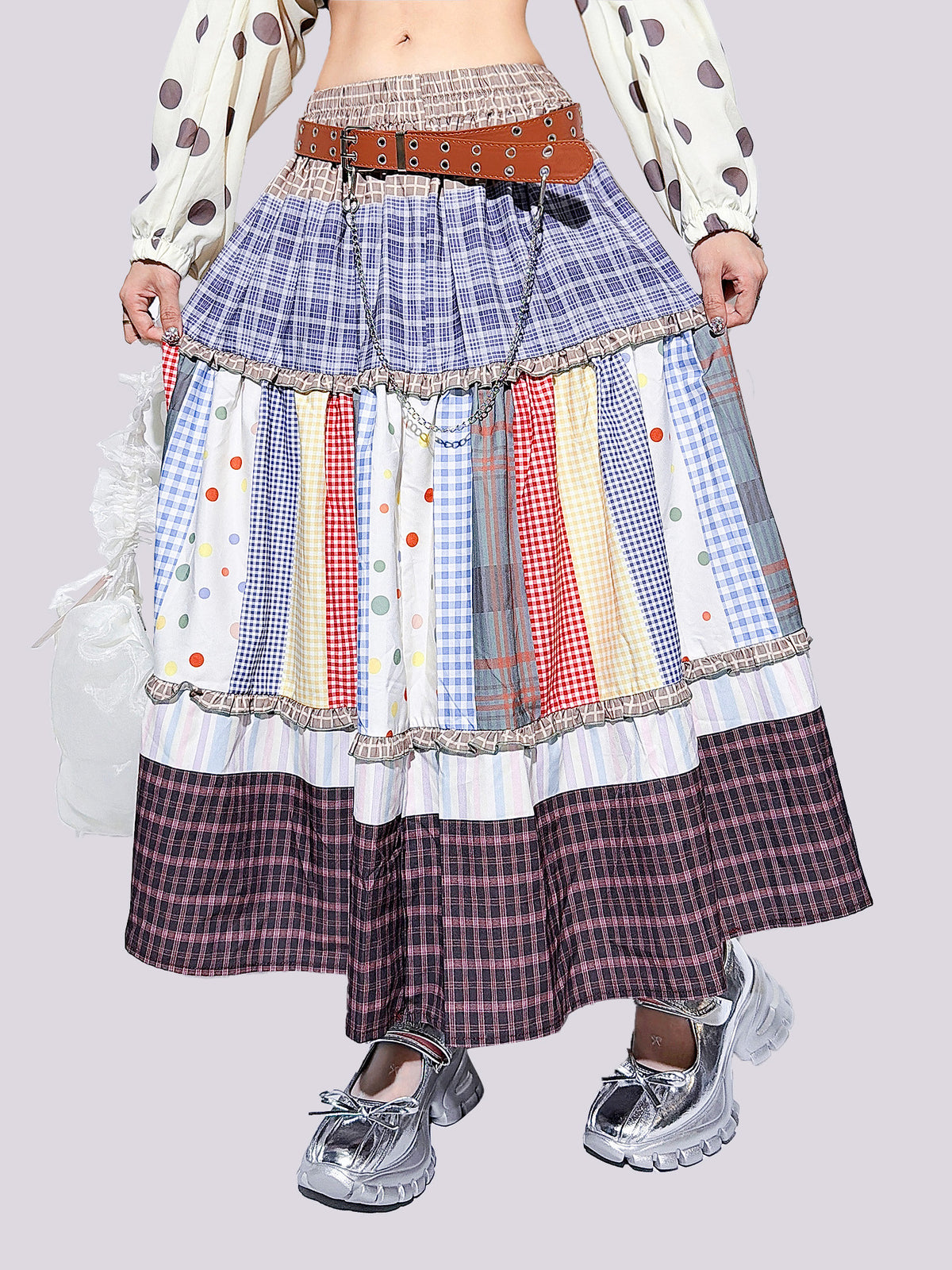 FANLOVEGIRL - Patchwork Polka Dot Tiered Midi Skirt skirt FANLOVEGIRL