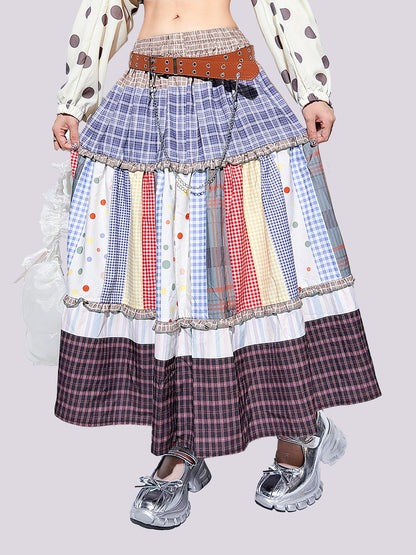 FANLOVEGIRL - Patchwork Polka Dot Tiered Midi Skirt skirt FANLOVEGIRL